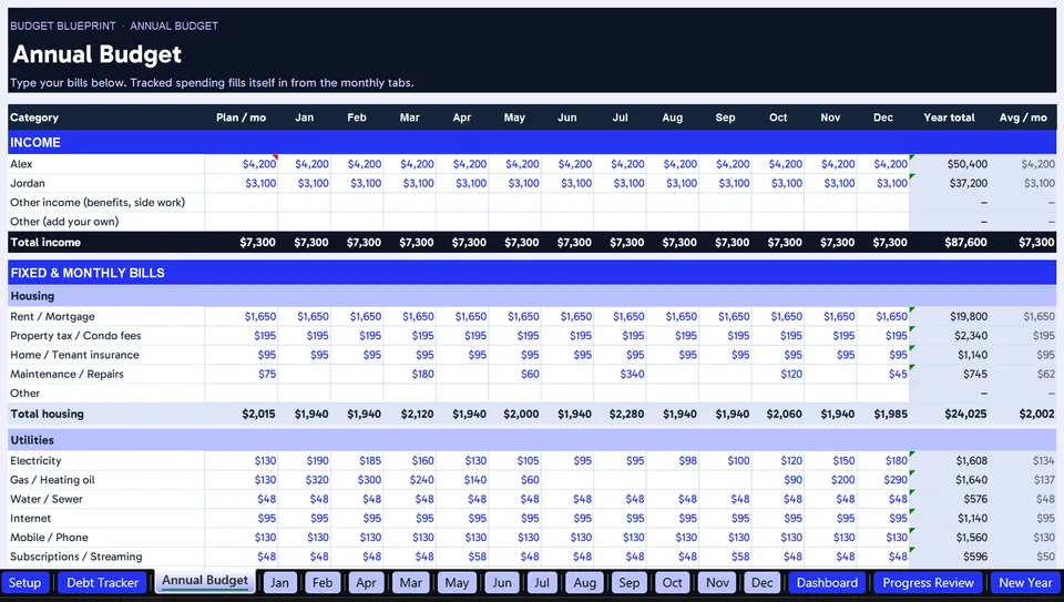 Preview of the Yearly Budget Planner spreadsheet, showing the Annual Budget tab with income and expense tracking
